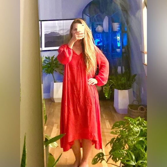 Cuyana Cherry Red Oversized Laganlook Long Sleeve Maxi Caftan Pocket Dress Med - Picture 1 of 9